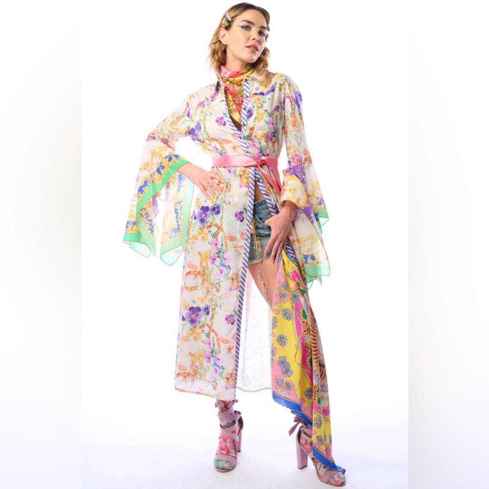 ARATTA MIAMI FLORAL colorful bell sleeves DUSTER dress coverup boho artistic oS